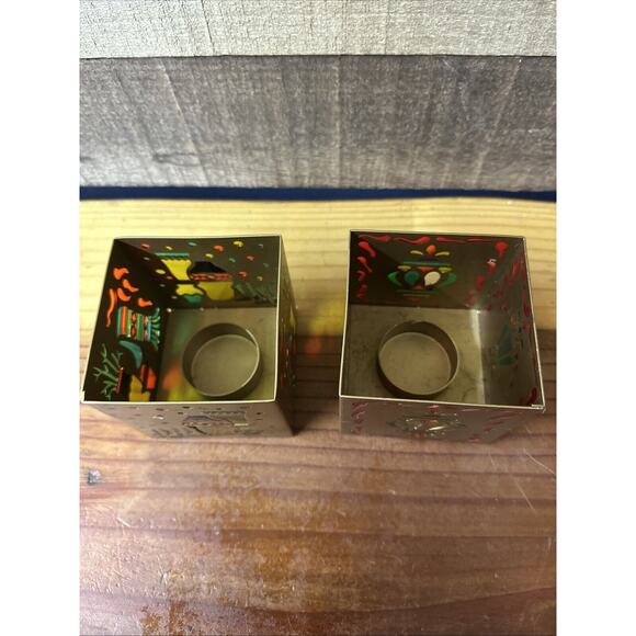 Set of 2 PartyLite SOUTHWEST Holiday Square TealIght Candle Holder Stained Glass - Picture 5 of 6
